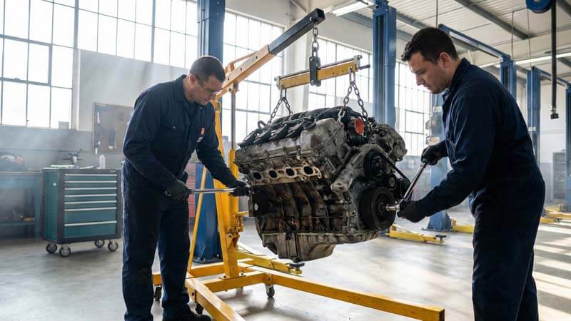 Два механика работают с подвешенным на кране двигателем в светлом автосервисе