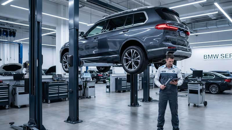 Осмотр внедорожника BMW на гидравлическом подъемнике мастером автосервиса