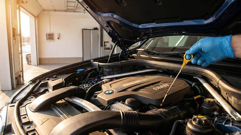 Проверка уровня моторного масла в двигателе BMW в автосервисе