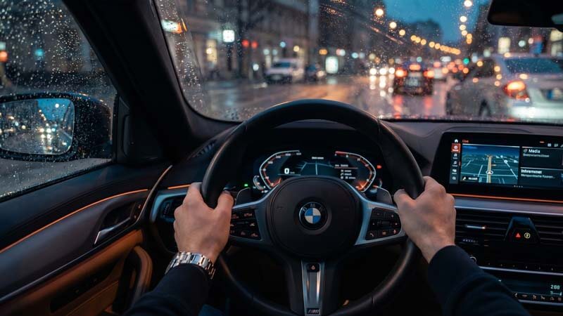 Вид от лица водителя в комфортном салоне премиального автомобиля BMW